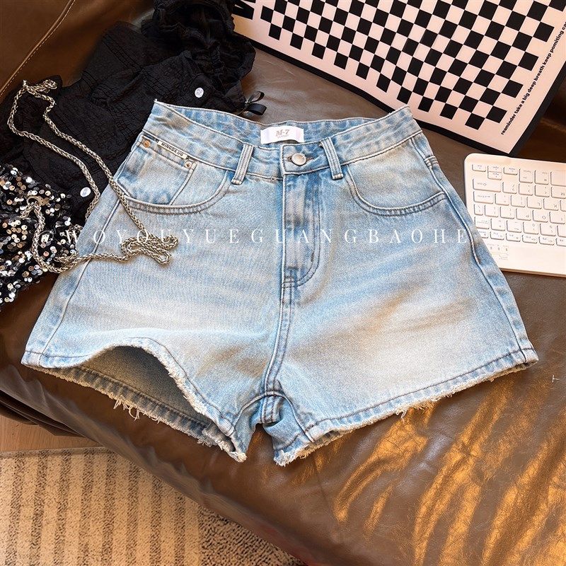 颜色真的好看啊!浅蓝色高腰柔软牛仔短裤女2025夏高腰学生三分裤