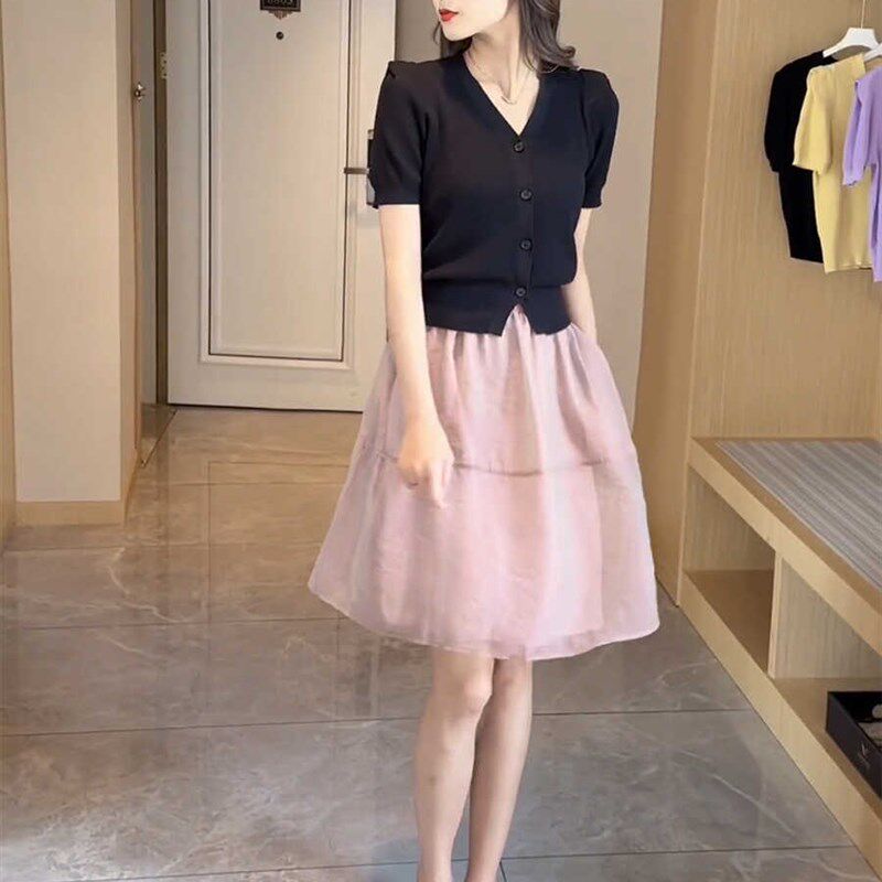小个子网纱半身裙女2024年夏季搭配新款针织上衣套装减龄a字裙子