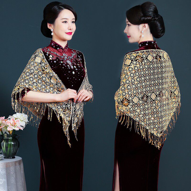 红色婚礼妈妈披肩春秋旗袍外搭高贵春秋款金色亮片流苏三角巾外披
