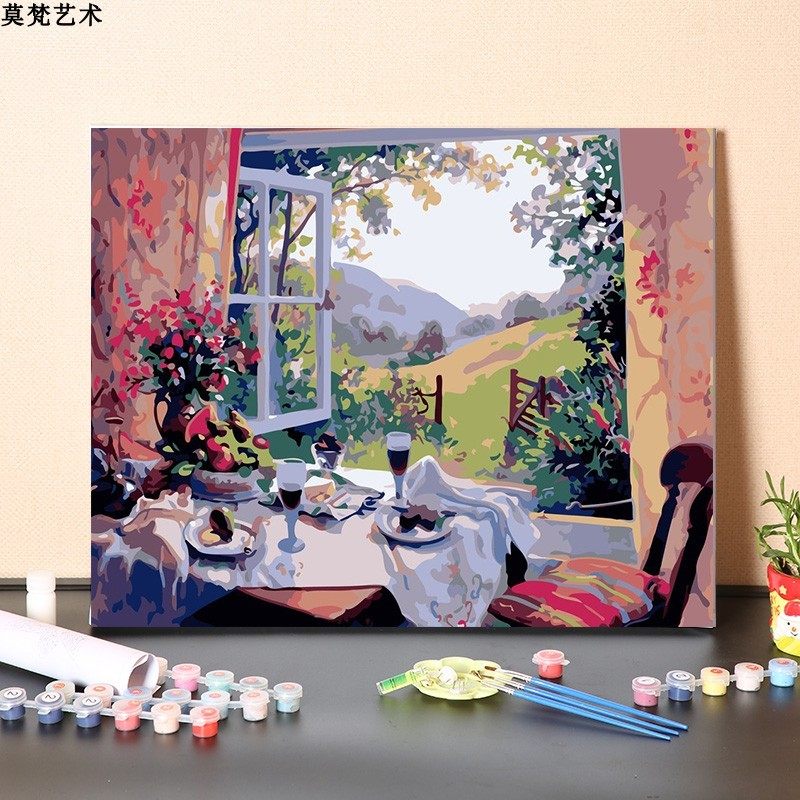 数字油画diy填充美式花园餐厅手工填色画画餐桌上的花瓶油彩挂画