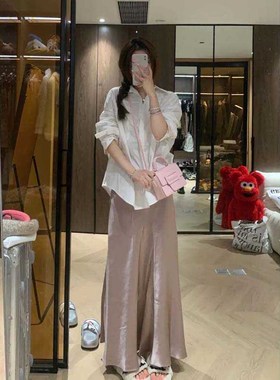 高个子180极简row风紫色流光缎面加长175半身裙夏松紧腰气质长裙