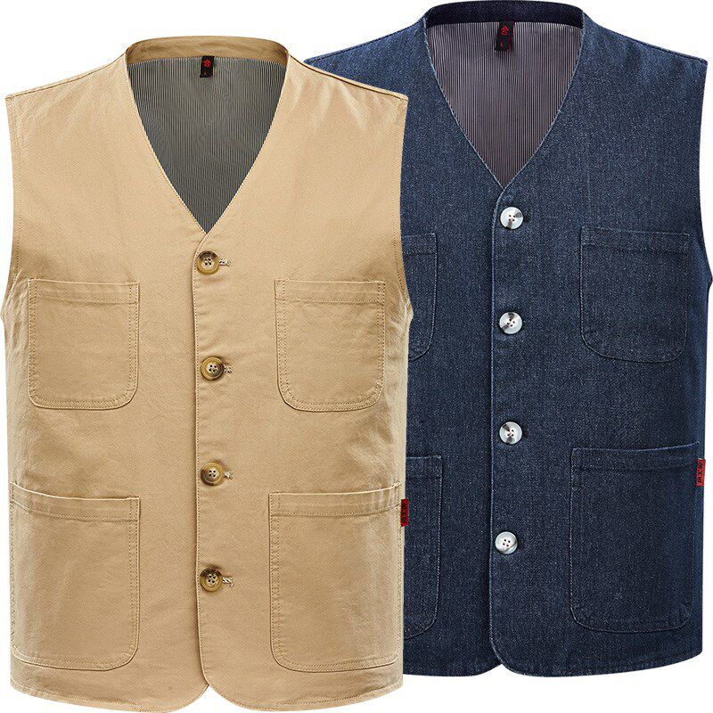 纽扣款多口袋男士马甲爸爸装中老年休闲牛仔马夹爷爷纯棉坎肩上衣