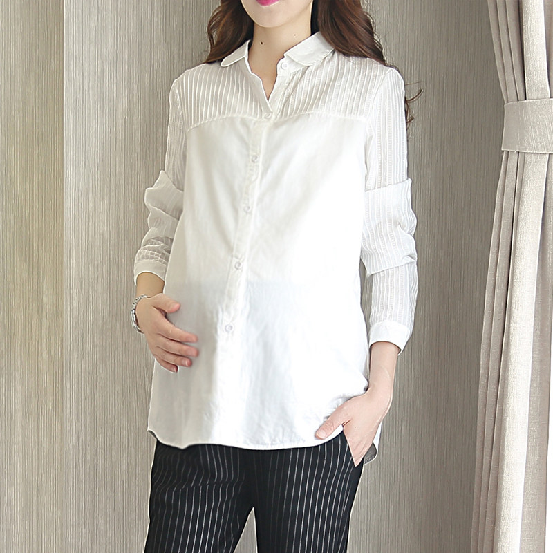 孕妇衬衣春秋季新款纯棉拼接白色上衣长袖通勤工作服百搭宽松衬衫