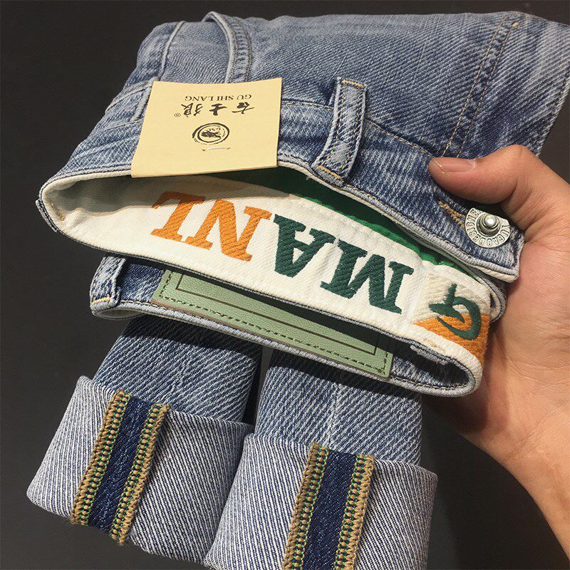 2024春夏薄款高端韩版时尚印花刺绣牛仔裤男潮流蓝色弹力修身长裤