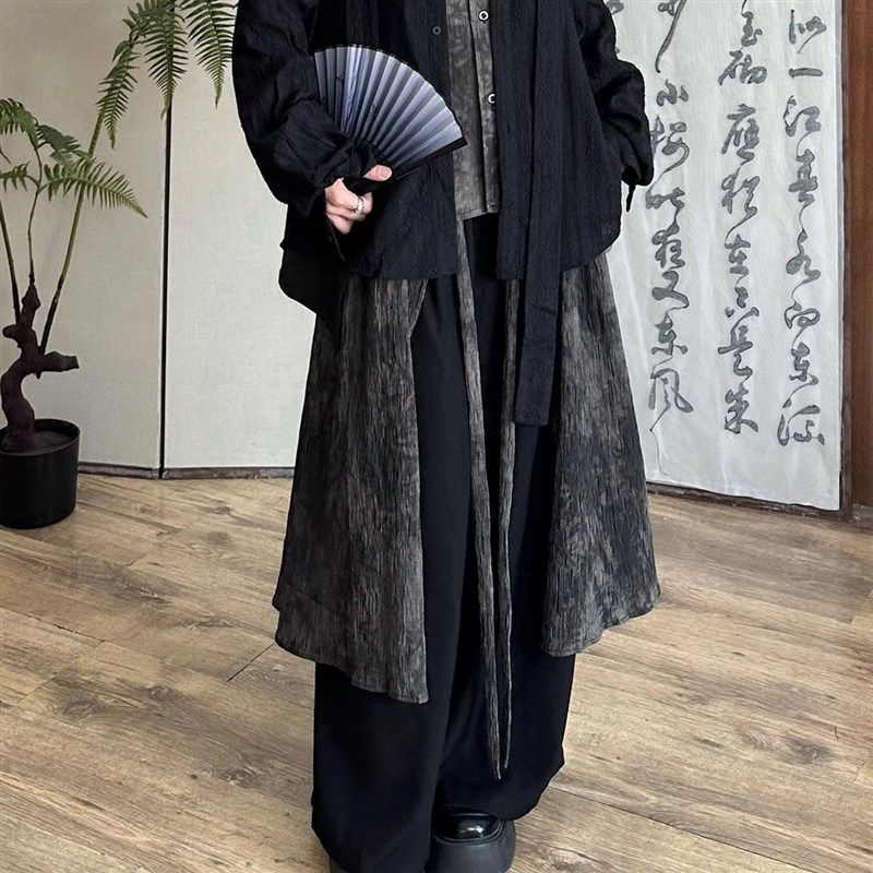 半空山 复古新中式 水墨晕染 拼接飘带山本耀司风宽松阔腿裤裙裤