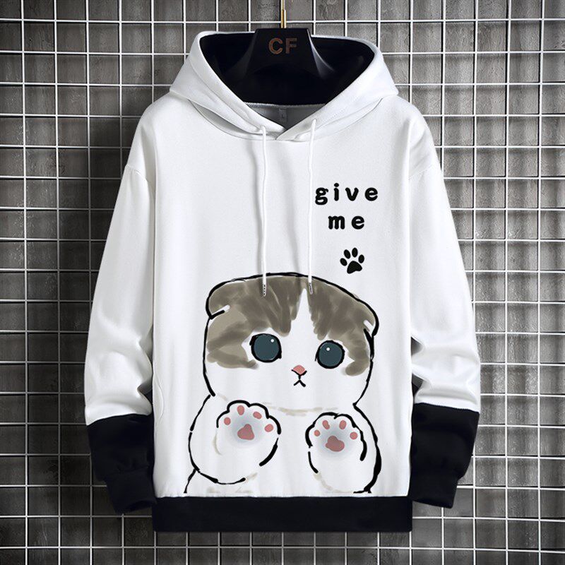 新款日系卡通猫咪印花加绒连帽卫衣青少年宽松大码秋冬男女外套