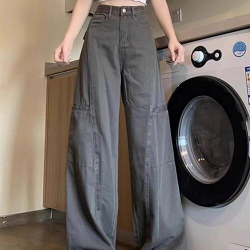 美式复古灰色工装裤女夏季新款高腰宽松阔腿显瘦百搭直筒牛仔裤子