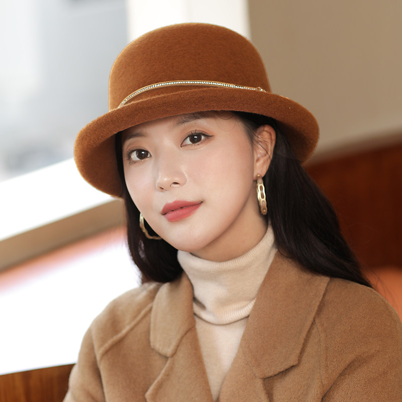 礼帽子女秋冬季2021年新款卷边羊毛呢毡帽时尚百搭盆帽女士渔夫帽