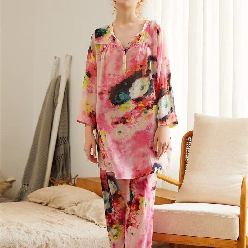 新款雪纺睡衣女士休闲宽松舒适长袖套装春夏季长裤家居服薄款