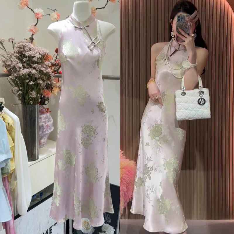 十三行国风旗袍粉紫定制绣花长裙女2025年轻款立领盘扣旗袍礼服裙