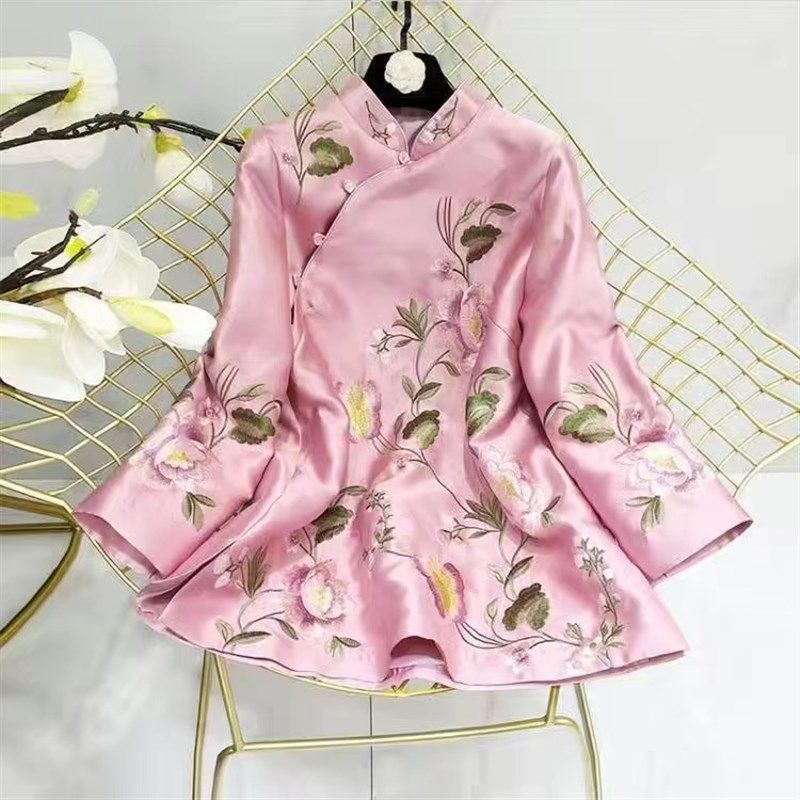 中国风女装2022春秋新款改良年轻款旗袍复古绣花少女盘扣中式上衣
