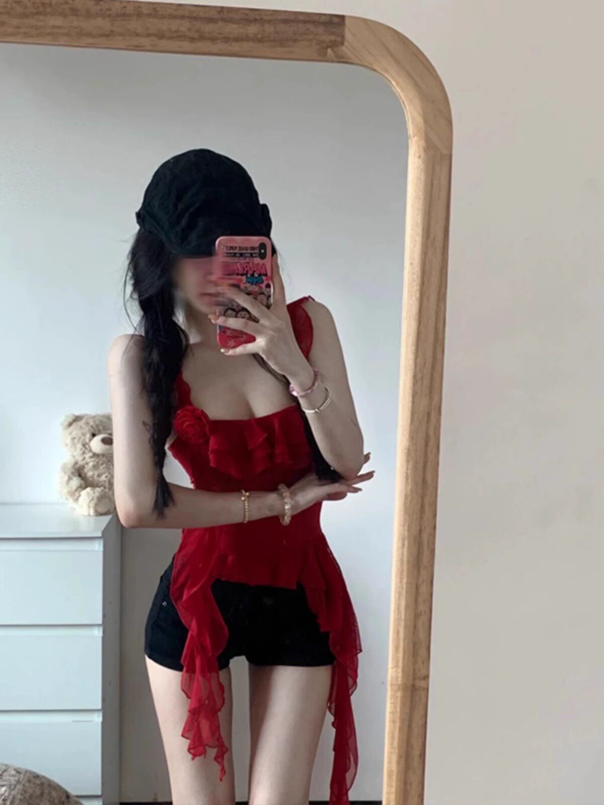 热辣玫瑰小众设计收腰修身短款纱网吊带背心外穿上衣女