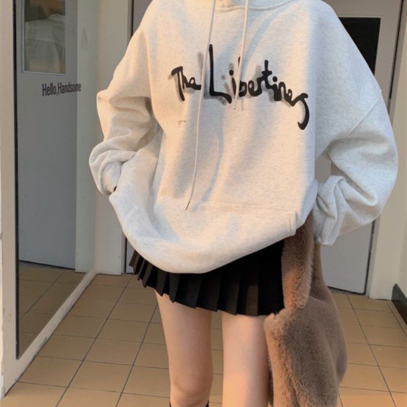 100%纯棉美式加绒连帽卫衣女秋冬3D英文宽松慵懒风小个子上衣外套