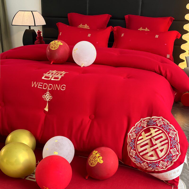 新婚结婚双人喜被陪嫁大红色被子被芯中式刺绣春秋被加厚保暖冬被