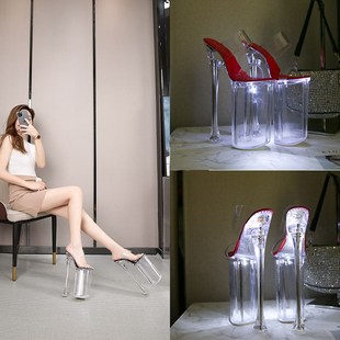 水晶鞋透明防水台26cm恨天高超高跟拖鞋超稳细跟婚纱发光夜场女鞋