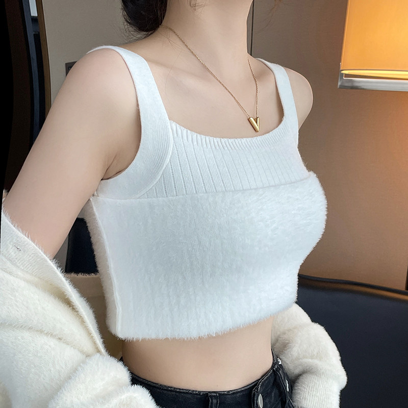 加绒加厚吊带小背心女秋冬2024新款宽肩带遮副乳白色打底保暖上衣