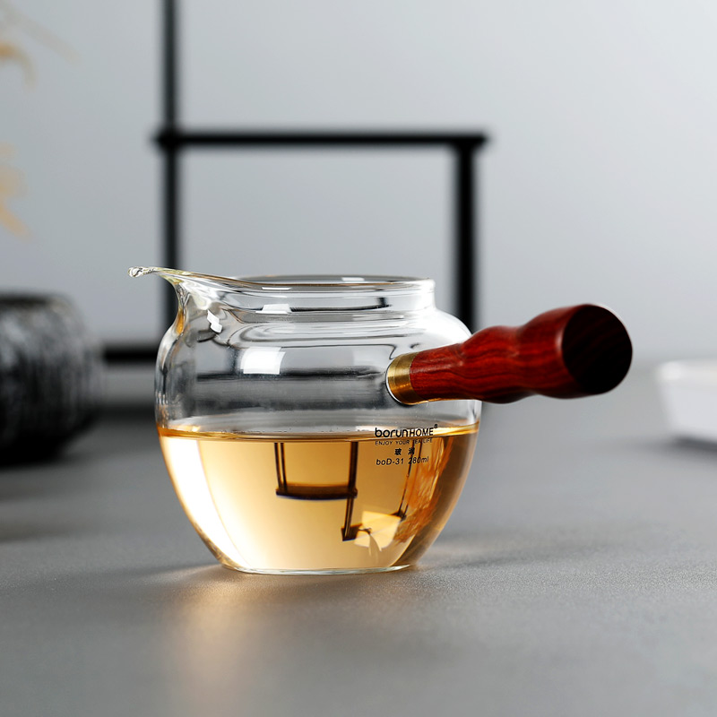 玻润实木把手公道杯 日式侧把耐热玻璃分茶器 茶海均杯茶具配件
