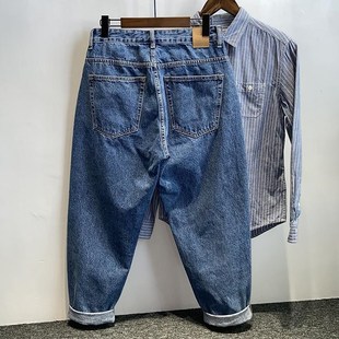 胖子小脚锥形萝卜裤 复古水洗款 哈伦裤 男加肥加大码 宽松直筒牛仔裤