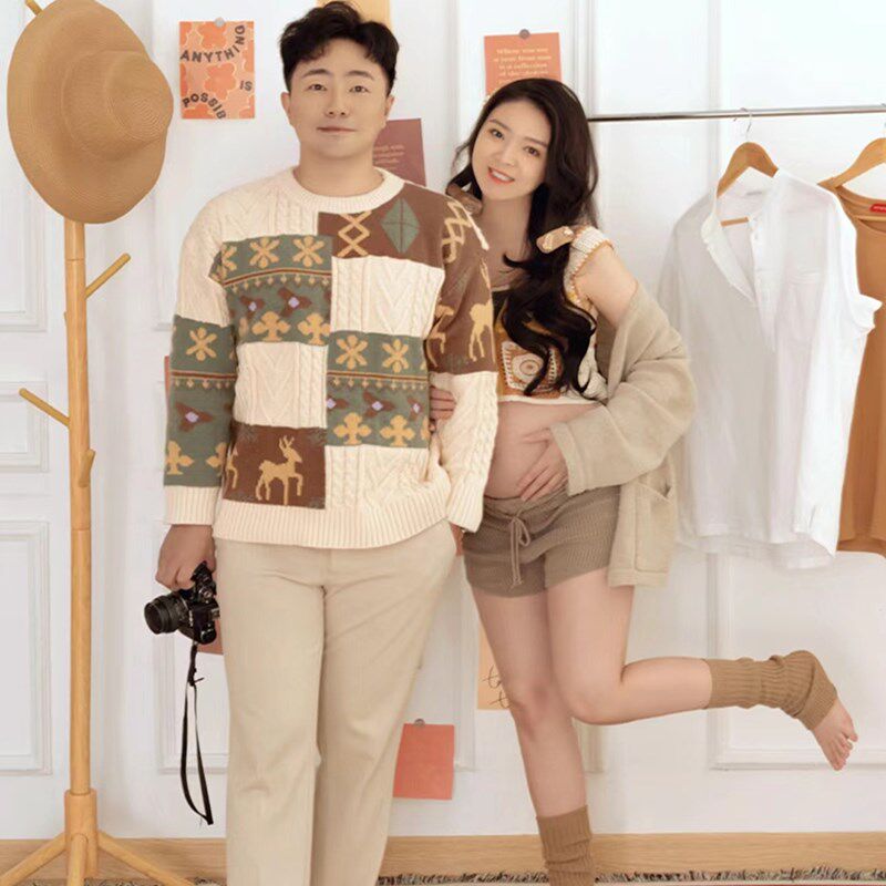 新款影楼孕妇拍照服装时尚情侣孕妇粗线毛衣居家主题艺术照写真服