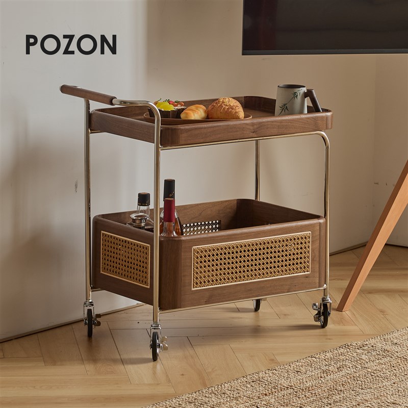 POZON朴琢/中古风实木小推车可移动带轮小茶几客厅沙发置物架边几