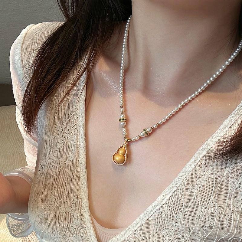 蜜蜂妈手作 可转动镶钻葫芦吊坠珍珠项链女高级新中式气质毛衣链