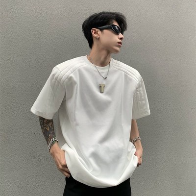 黑沧社/小众金属装饰设计感重磅垫肩T恤男夏季高级感廓形黑色短袖