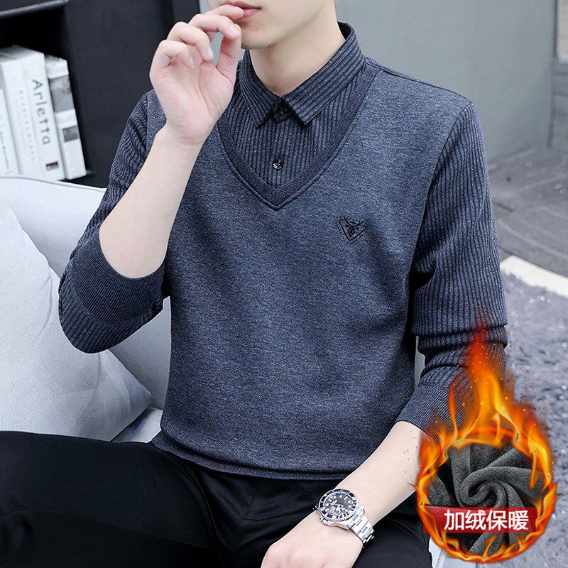 保暖内衣男单件上衣秋冬季加绒加厚衬衫领线衣防寒发热贴身打底衫