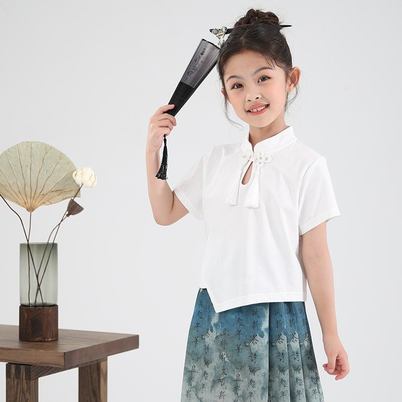 女童新中式短袖T恤国风夏季流苏盘扣短t上衣儿童白色短袖飒气夏款,童装/婴儿装/亲子装,T恤,淘宝优惠券,粉丝福利购,淘宝优惠卷