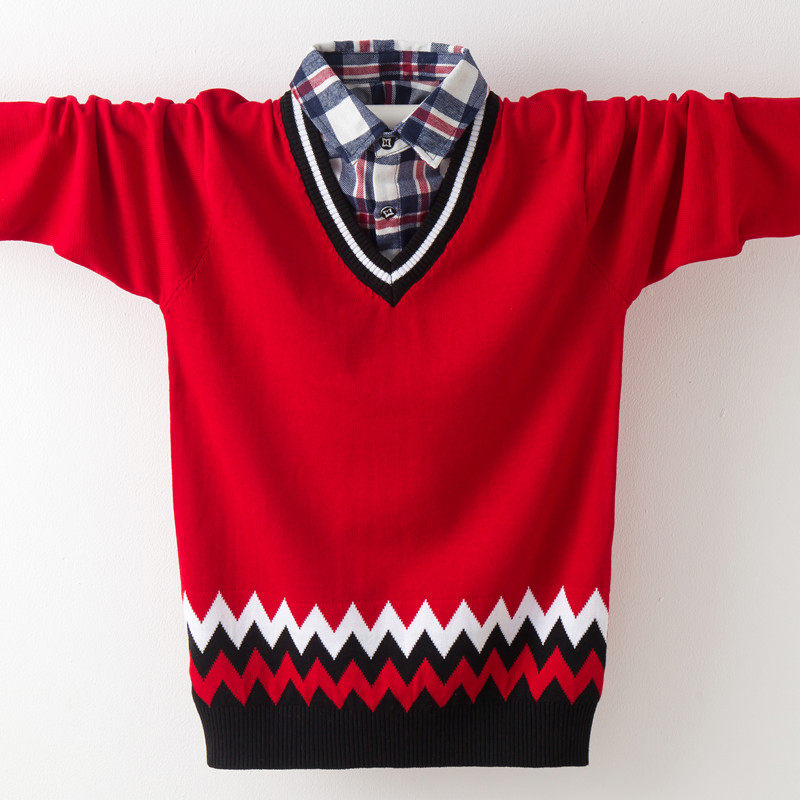 男童毛衣套头假两件春秋款儿童针织衫中大童线衣纯棉外套洋气秋装