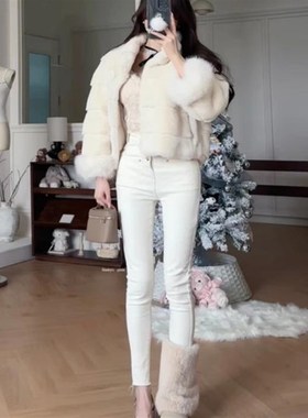 韩国东大门白色高腰弹力加绒加厚修身显瘦烟管小脚秋冬九分牛仔裤