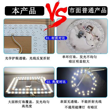 方形LED灯盘吸顶灯替换灯芯维修灯板三色变光灯珠风扇灯光源配件