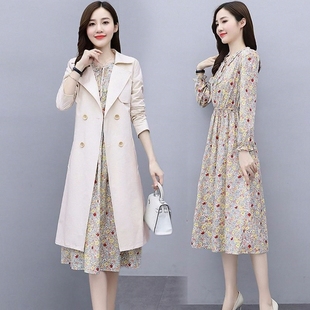 气质春长袖秋装连衣裙洋气时尚风衣新款显瘦2023年两件套套装收腰