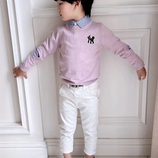 童装2023秋冬假两件儿童针织衫粉色男童毛衣拼条纹男孩套头上衣潮