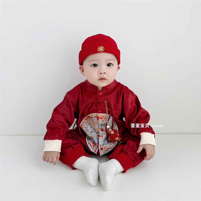 中式婴儿衣服男宝宝秋装连体唐装超萌满月百天周岁礼服春秋季喜庆