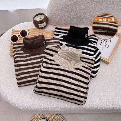 男童高领毛衣加绒儿童条纹打底衫一体绒加厚中大童内搭男孩羊毛衫