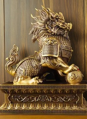 纯黄铜麒麟公母一对摆件聚财纳福麒麟客厅玄关家居办公桌面装饰品