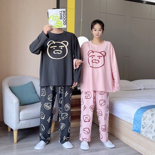 休闲家居服套装 春秋男士 情侣睡衣女200斤纯棉长袖 卡通熊加肥大码