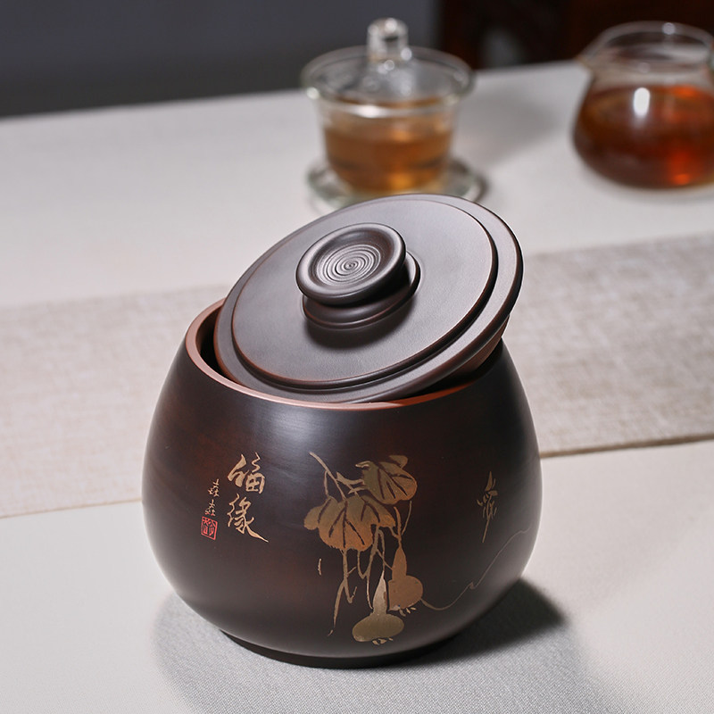 此时此刻建水紫陶茶叶罐手工储茶罐彩填醒茶罐普洱茶罐密封罐茶仓
