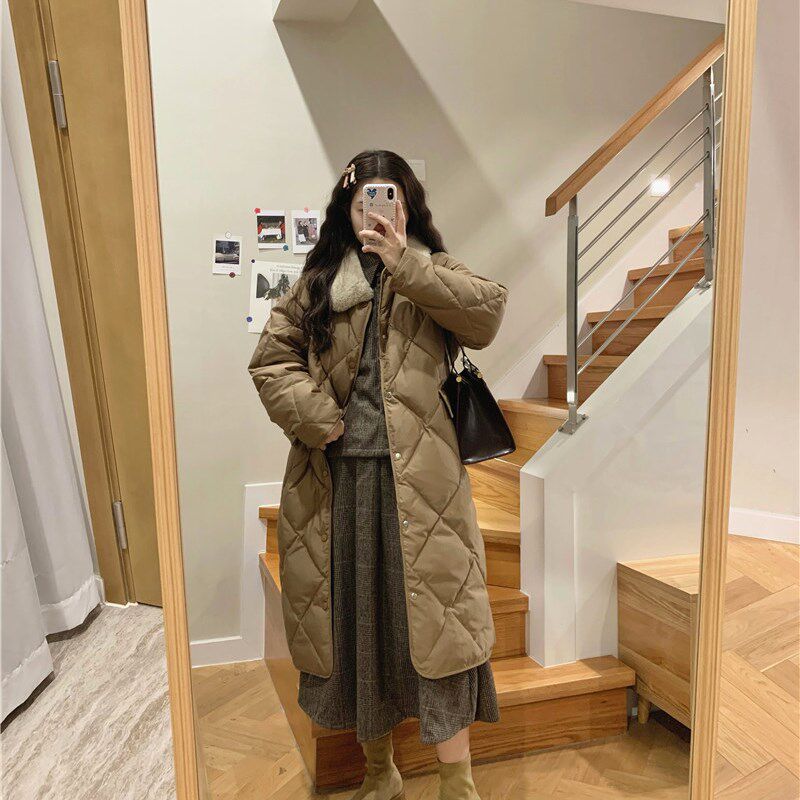 145小个子150cm韩风宽松加厚保暖毛领菱格过膝棉服外套xxs码秋冬