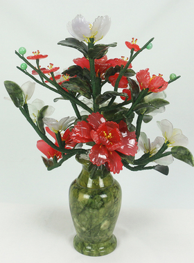 玉石花瓶摆件牡丹花新中式工艺品乔迁客厅电视柜盆景高端送礼饰品