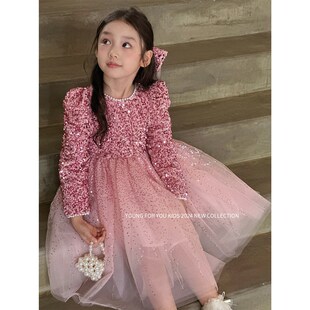 YFY秋冬女童闪闪亮片公主裙粉色连衣裙生日礼服表演蓬蓬裙网纱