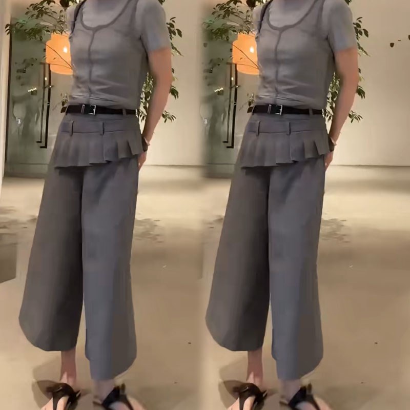 高级感设计时尚春l夏休闲韩版假两件百褶花边灰色宽松阔腿九分西