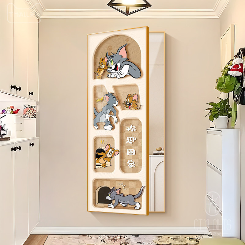 猫和老鼠隐藏式推拉全q身镜装饰画隐形遮挡全身镜壁画翻开门式镜