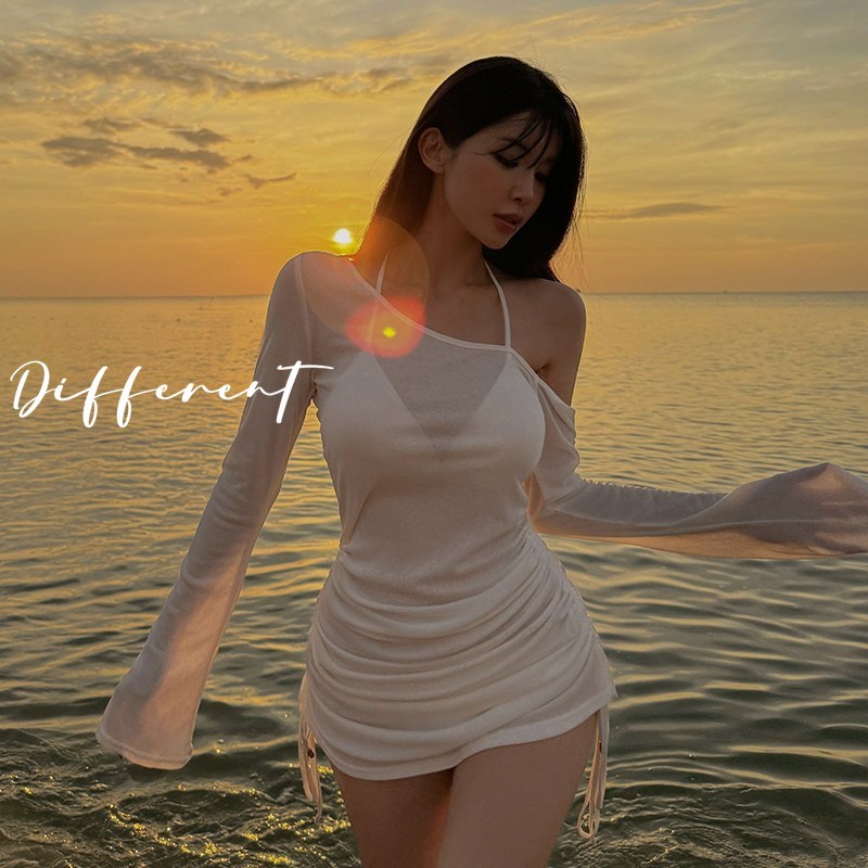 欧美2026新款泳衣女士高级感纯色防晒H比基尼三件套带罩衫海边度