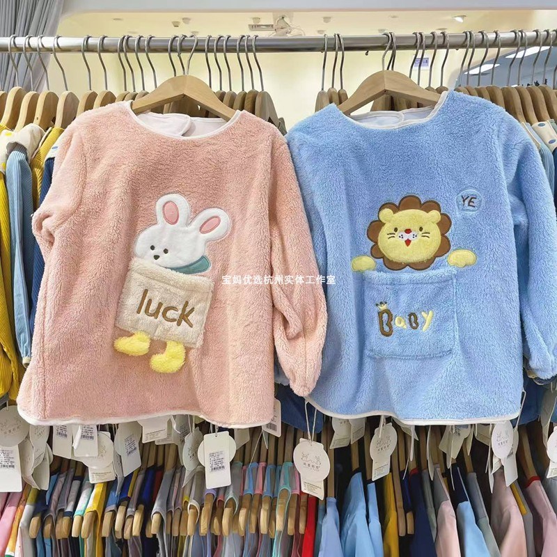 冬季新款儿童加厚加绒罩衣幼儿园吃饭防J脏防水反穿衣男女宝宝围