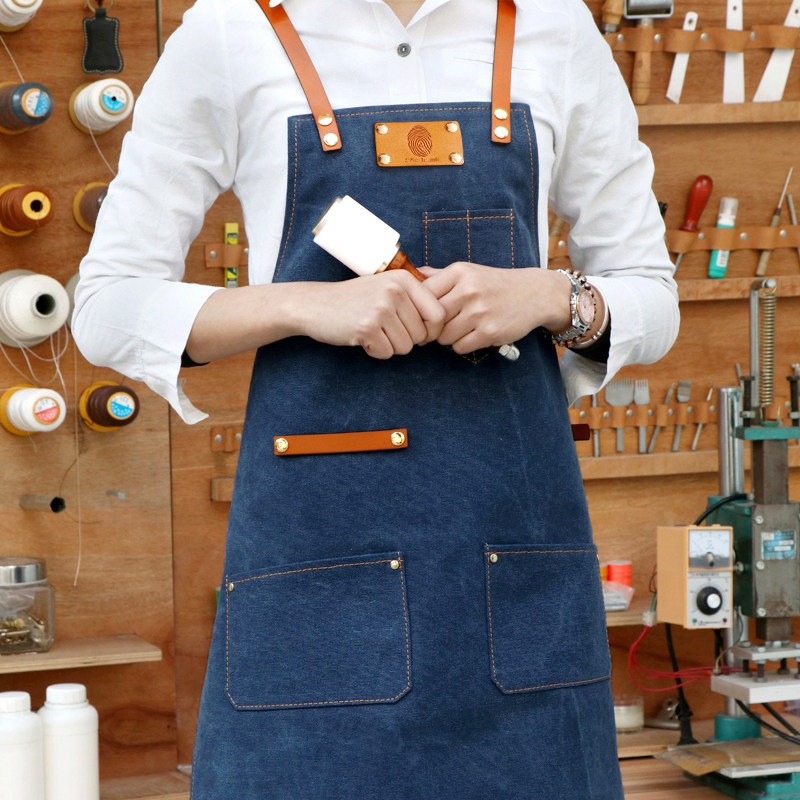 韩版牛仔帆布背带围裙咖啡店工作服餐厅酒吧绘画-定T制做LOGO印字