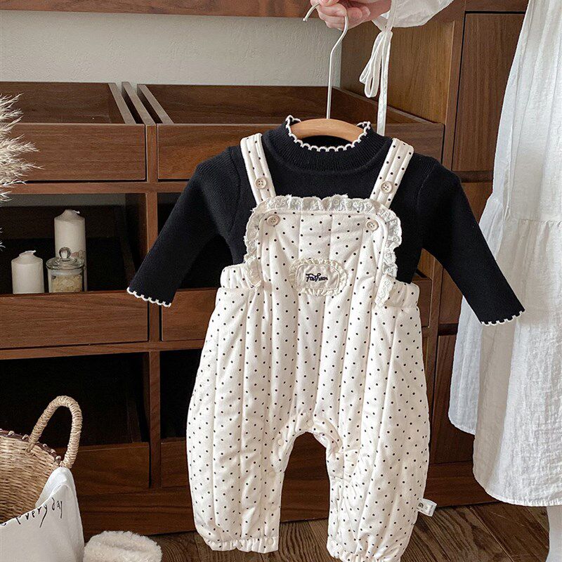 婴幼儿连体衣秋h冬装2025新款韩版波点加绒背带裤宝宝爬服两件套