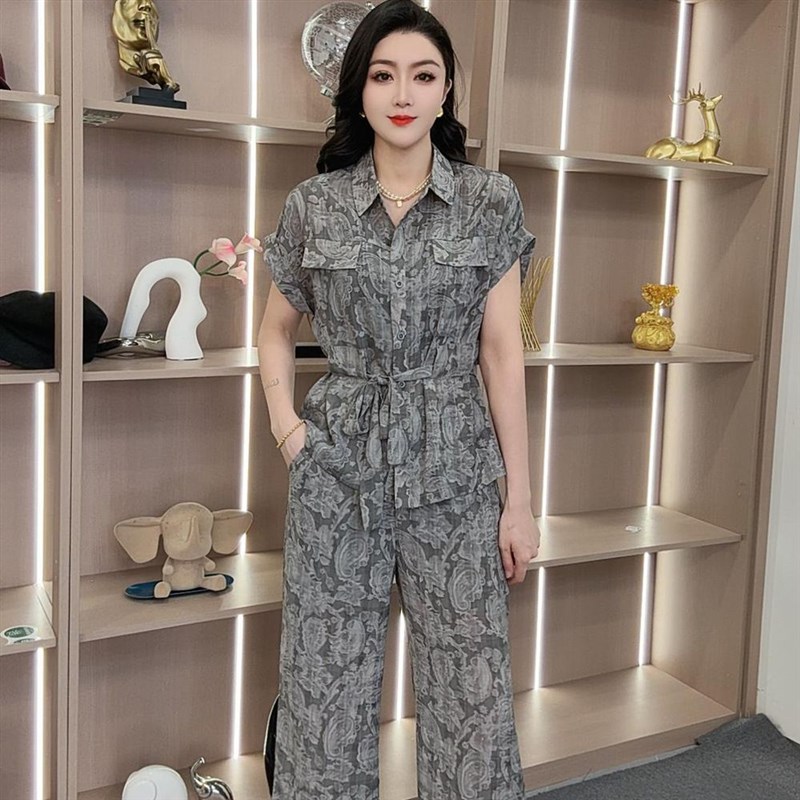 通勤休闲风气质显瘦两件套女夏季新D款系带小衫收腰阔腿裤时尚套