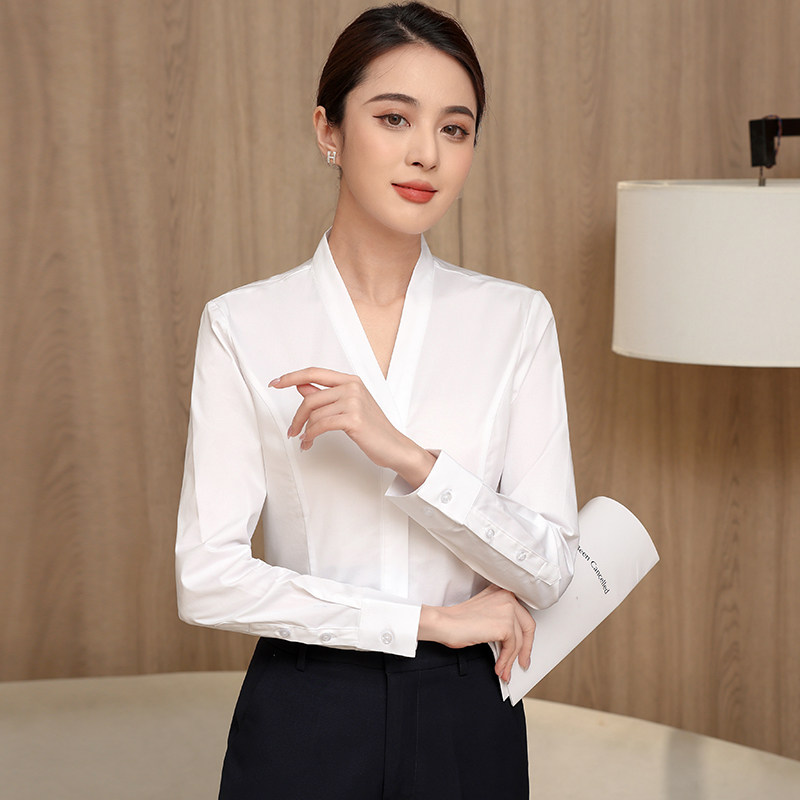白色v领衬衫女无领长袖前台工作服春秋新款职Q业正装珠宝店白衬衣