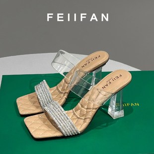 半拖鞋女2025新款夏季外穿粗跟高级感气质绝美透明U水晶高跟鞋凉